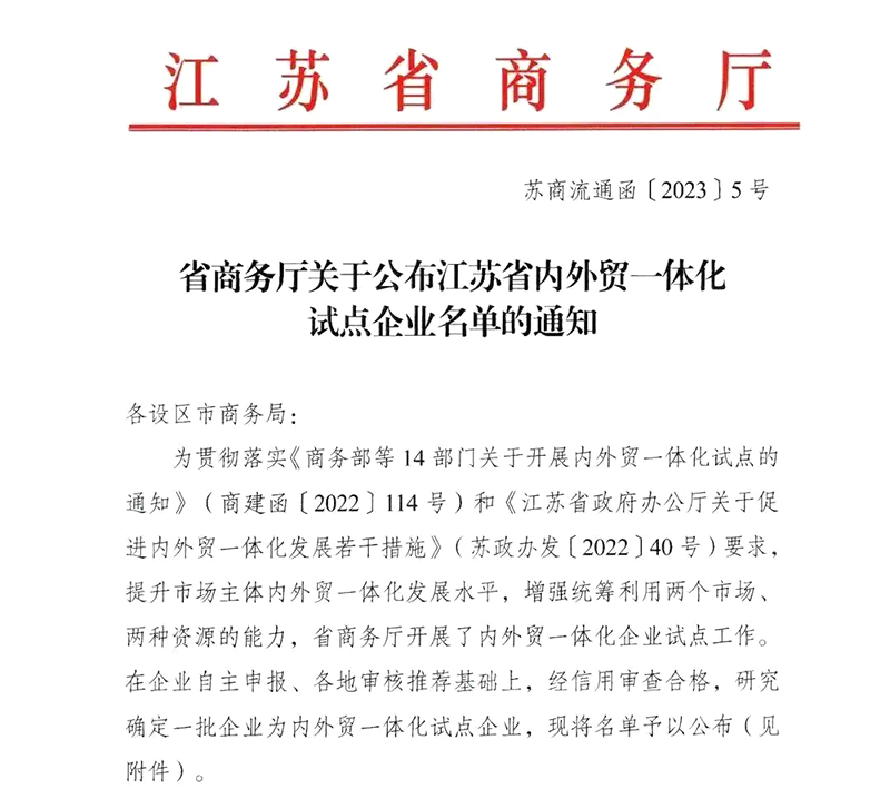 Fuwei Technology was selected as the pilot enterprise of integration of domestic and foreign trade in Jiangsu Province